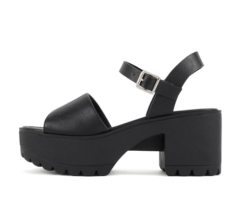 ??Stacie?? ~ Women Open Toe Lug Sole Mid Block Heeled Sandals with Adjustable Ankle Strap