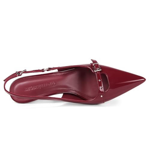 Womens Slingback Heels Pointed Toe Slip On Pumps Closed Toe Kitten Heel Heeled Sandals Patent Leather Dress Shoes for Women