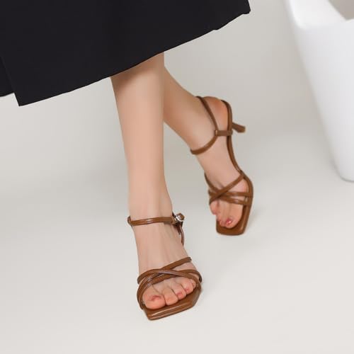 Women's Sandals Square Open Toe Kitten Heels Strappy Ankle Strap Heeled Sandals for Women Comfy Weddings Shoes