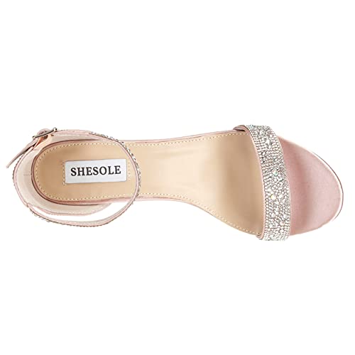 Sparkly Sandals Women Rhinestone Heels Wedding Shoes for Bride Low Block Strappy Heels Gold Glitter