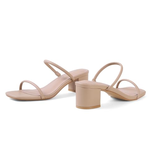 Strappy Heels for Women Square Open Toe Two Strap Low Block Heel Slip on Dressy Sandals Shoes