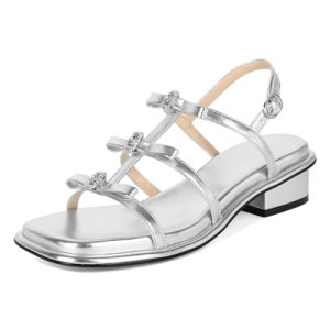 Womens Chunky Block Low Heel Sandals Square Toe Heels Strappy Summer Heeled Sandals Elastic Rhinestone Bow Sandals Cute Casual