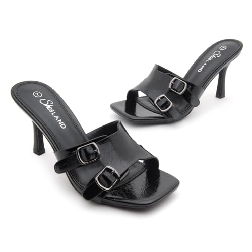 Melrose Women's High Heels Stiletto Heeled Slides, Square Open Toe One Band Slip-On Heeled Mules ?C Dressy Clear Heeled Sandals