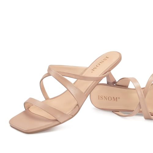 Nude Strappy Heels for Women Nude Kitten Heeled Sandals Slip On Square Toe Open Toe Heels