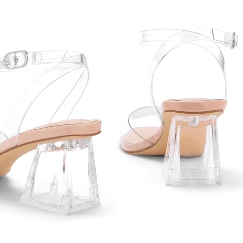 Women's Clear Heels Low Chunky Heel Open Toe Transparent Zebra Rhinestones Block Heeled Sandals Ankle Strap Shoes