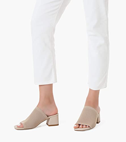 Knit Heeled Sandals for Women Square Open Toe Mules Block Low Heel Slip On Slides