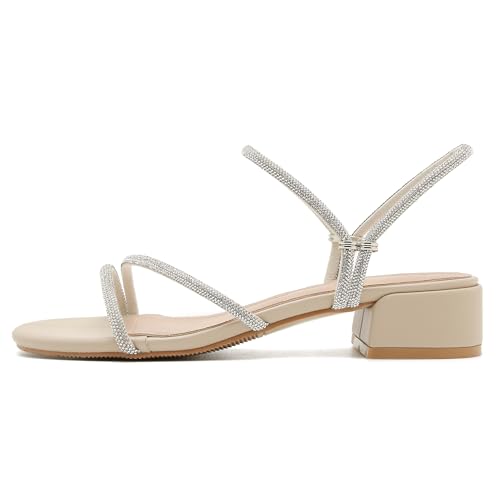 Women's Rhinestone Strappy Open Toe Low Block Chunky Heels Sandals Backless Summer Holiday Party Wedding Dress Shoes