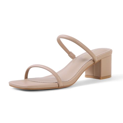 Strappy Heels for Women Square Open Toe Two Strap Low Block Heel Slip on Dressy Sandals Shoes