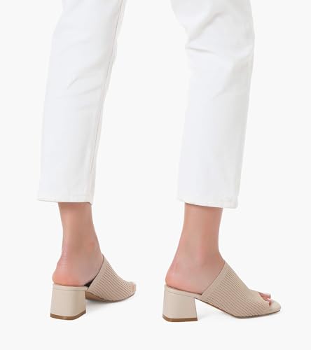 Knit Heeled Sandals for Women Square Open Toe Mules Block Low Heel Slip On Slides