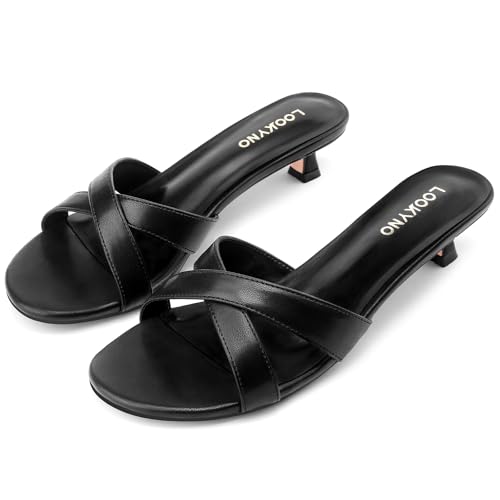 Womens Kitten Heels Low Heeled Sandals for Women Round Slip On Slides Cross Strap Open Toe Sandals