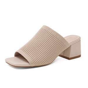 Knit Heeled Sandals for Women Square Open Toe Mules Block Low Heel Slip On Slides