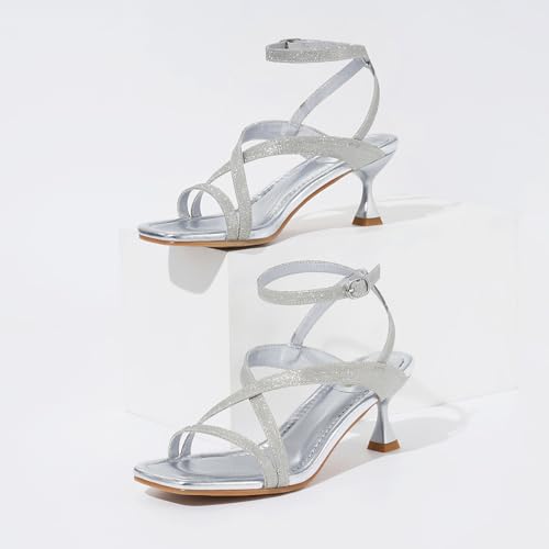 Women's Low Kitten Heels Sandals Dressy Strappy Heeled Sandals Open Square Toe Ankle Strap Summer Dress Party Shoes 2.4 Inch
