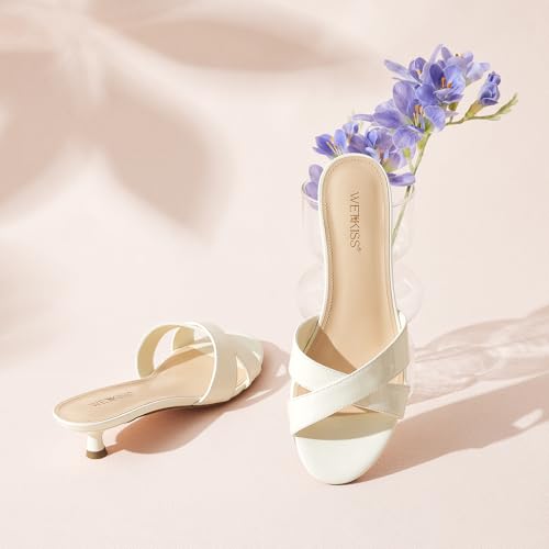 Womens Heeled Sandals Open Round Toe Slip on Kitten Heel Mules Low Heel Slide Sandals for Women Cross Strap Backless Mule Flats