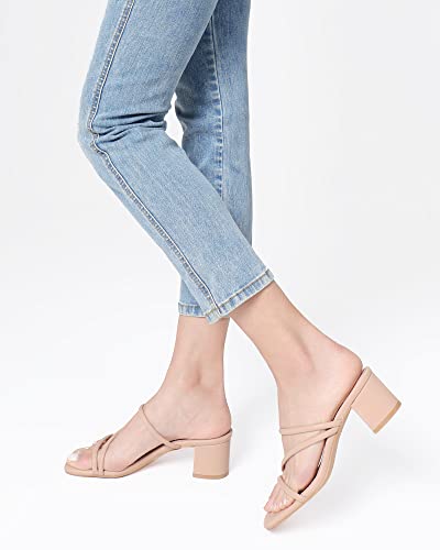 Strappy Heels For Women Low Chunky Block Heel Heeled Sandals Square Open Toe Slip On Slides Mules