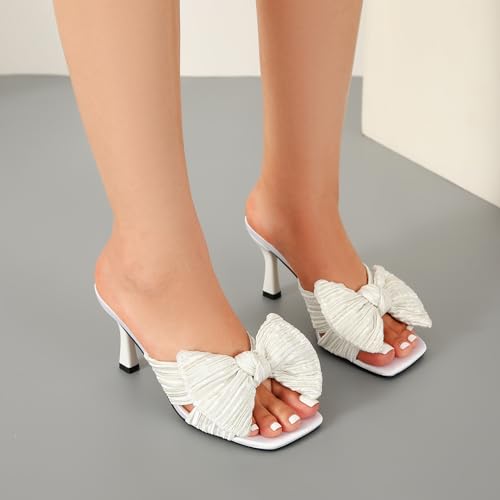 Women's Bow Knot Heeled Sandals Open Toe Low Kitten Heels Mules Sandals Slip On Pleated Wedding Bridal Party Dress Shoes