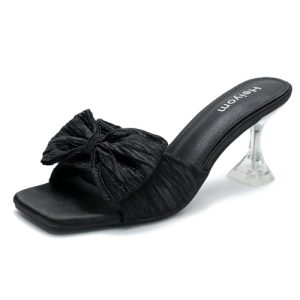 Women's Bowknot Heeled Sandals Square Toe Pleated Bow Heels Slippers Stilettos Mules Slip on Wedding Party Dress Shoe
