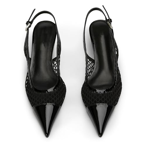 Slingback Pumps for Women Mesh Kitten Heels Pointed Toe Heeled Sandals Buckle Ankle Strap Low Heeled Pumps