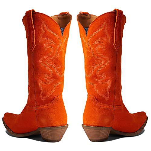 Cowboy Boots Women Embroidered Mid Calf Western Boots Stacked Low Heel Pointed Toe Pull On Cowgirl Boot 4-11 M US