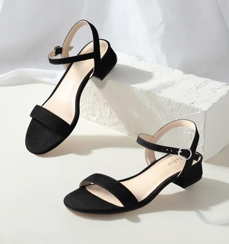Women Nude Black White Sandals for Women Low Heel 1 Inch Dressy Sandal Ankle Strap Open Toe Block Short Heeled Summer Classic