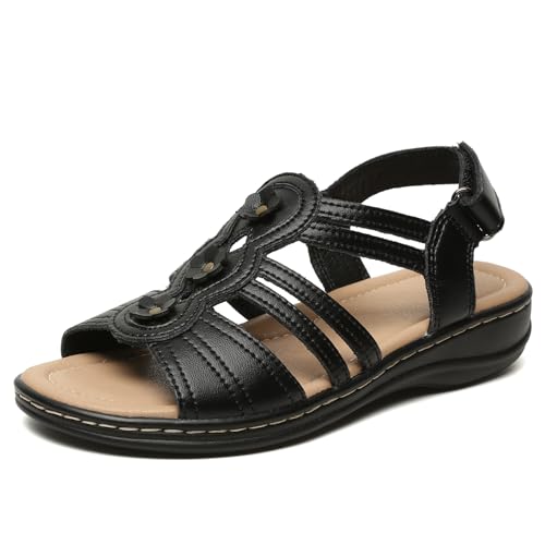 Womens Sandals Flats Comfort Leather Walking Orthopedic Sandals Casual Summer Shoes with Arch Support for Dressy Beach Hiking