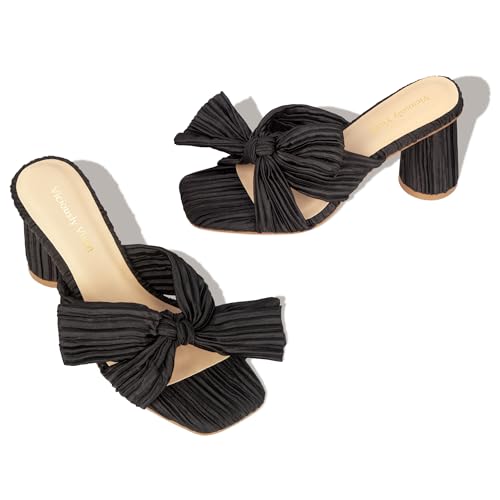 Women's Bow Kitten Heels Block Low Heeled Sandals Square Open Toe Wedding Shoes