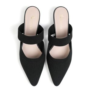 Pointed Toe Mules for Women Chunky Low Heeled Sandals Breathable Backless Mesh Knit Slip on Loafers